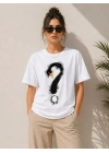 Kuğu Figürlü Soru İşareti Baskılı Tişört Kısa Kol T-Shirt - Beyaz