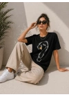 Kuğu Figürlü Soru İşareti Baskılı Tişört Kısa Kol T-Shirt - Siyah