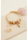 Kuş Figürlü Pembe Charmlı Gold Renk Bileklik