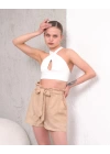 Kuşaklı keten şort bej s255265