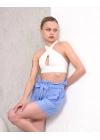 Kuşaklı keten şort mavi s255265
