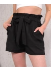 Kuşaklı keten şort siyah s255265