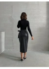 Kuşaklı uzun deri etek siyah h26414