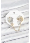 Kutup Yıldızı Model Pirinç Gold Renk Zincir Bağlantılı Ear Cuff Küpe Seti