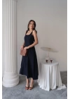 Lacivert Çift Dikişli Gabardin Elbise