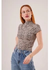 Leopar Desen Kısa Kollu Basic T-Shirt