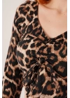 Leopar Desen Önü Büzgülü Basic Bluz