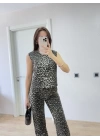 Leopar Desenli Düğmeli Bluzlu Pantolon İkili Takım -Leopar