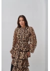 Leopar Volanlı Şeritli Uzun Elbise