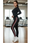 Likralı Penye Yanı Kırmızı Beyaz Şeritli Dar Kalıp Spor Tayt - Siyah - Siyah