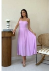 Lila Göğüs Kuplu Uzun Büzgülü Elbise