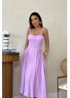 Lila Göğüs Kuplu Uzun Büzgülü Elbise