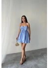 Mavi Önü Fiyonklu Askılı Elbise