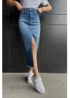 Mavi Yırtmaçlı Kot Etek