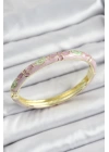 Mineli Gold Renk Pirinç Pembe Çiçek Desenli Kadın Kelepçe