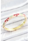 Mineli Pirinç Beyaz Pembe Yeşil Çiçek Desenli Gold Renk Kadın Kelepçe
