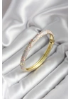 Mineli Pirinç Çiçek Desenli Zirkon Taşlı Gold Renk Kadın Kelepçe (çap 60 mm)