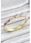 Mineli Pirinç Gold Renk Beyaz ve Pembe Geometrik Desenli Kadın Kelepçe