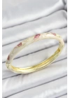 Mineli Pirinç Gold Renk Krem Çiçek Motifli Kadın Kelepçe