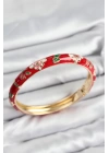 Mineli Pirinç Kırmızı Çiçek Motifli Gold Kadın Kelepçe