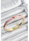 Mineli Pirinç Kırmızı ve Pembe Yaprak Motifli Gold Renk Kadın Kelepçe