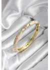 Mineli Pirinç Pembe Çiçek Desenli Zirkon Taşlı Gold Renk Kadın Kelepçe