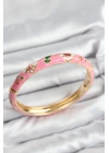 Mineli Pirinç Pembe Çiçek Motifli Gold Kadın Kelepçe