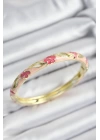 Mineli Pirinç Pembe Çiçek Motifli Gold Renk Kadın Kelepçe