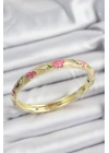 Mineli Pirinç Pembe Ve Hardal Çiçek Motifli Gold Renk Kadın Kelepçe