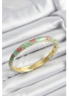 Mineli Pirinç Pembe Ve Yeşil Çiçek Motifli Gold Renk Kadın Kelepçe