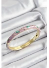 Mineli Pirinç Pembe Ve Yeşil Yaprak Motifli Gold Renk Kadın Kelepçe