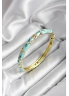Mineli Pirinç Turkuaz Çiçek Desenli Zirkon Taşlı Gold Renk Kadın Kelepçe (çap 60 mm)