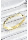 Mineli Pirinç Zirkon Taşlı Gri Çiçek Desenli Gold Renk Kadın Kelepçe