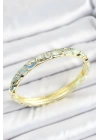 Mineli Pirinç Zirkon Taşlı Mavi Çiçek Desenli Gold Renk Kadın Kelepçe