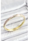 Mineli Pirinç Zirkon Taşlı Pembe Çiçek Desenli Gold Renk Kadın Kelepçe