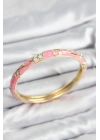Mineli Pirinç Zirkon Taşlı Pembe Çiçek Motifli Gold Kadın Kelepçe