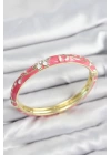 Mineli Pirinç Zirkon Taşlı Pembe Çiçek Motifli Gold Kadın Kelepçe