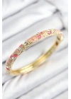 Mineli Pirinç Zirkon Taşlı Pembe Çiçek Motifli Gold Kadın Kelepçe