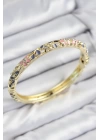 Mineli Pirinç Zirkon Taşlı Pembe Mor Çiçek Motifli Gold Kadın Kelepçe