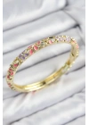 Mineli Pirinç Zirkon Taşlı Pembe Mor Çiçek Motifli Gold Kadın Kelepçe