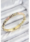 Mineli Pirinç Zirkon Taşlı Pembe Mor Çiçek Motifli Gold Kadın Kelepçe