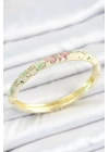 Mineli Pirinç Zirkon Taşlı Yeşil Pembe Çiçek Desenli Gold Renk Kadın Kelepçe
