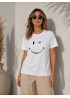 Minimal Gülümseyen Yüz Baskılı Tişört Kısa Kol Yazlık T-Shirt - Beyaz