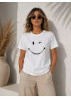 Minimal Gülümseyen Yüz Baskılı Tişört Kısa Kol Yazlık T-Shirt - Beyaz