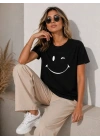 Minimal Gülümseyen Yüz Baskılı Tişört Kısa Kol Yazlık T-Shirt - Siyah