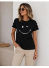 Minimal Gülümseyen Yüz Baskılı Tişört Kısa Kol Yazlık T-Shirt - Siyah