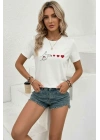 Minimal Kalp İşaret Baskılı Tişört Kısa Kol Yazlık T-Shirt - Beyaz