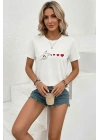 Minimal Kalp İşaret Baskılı Tişört Kısa Kol Yazlık T-Shirt - Beyaz