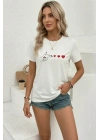 Minimal Kalp İşaret Baskılı Tişört Kısa Kol Yazlık T-Shirt - Beyaz