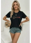 Minimal Kalp İşaret Baskılı Tişört Kısa Kol Yazlık T-Shirt - Siyah